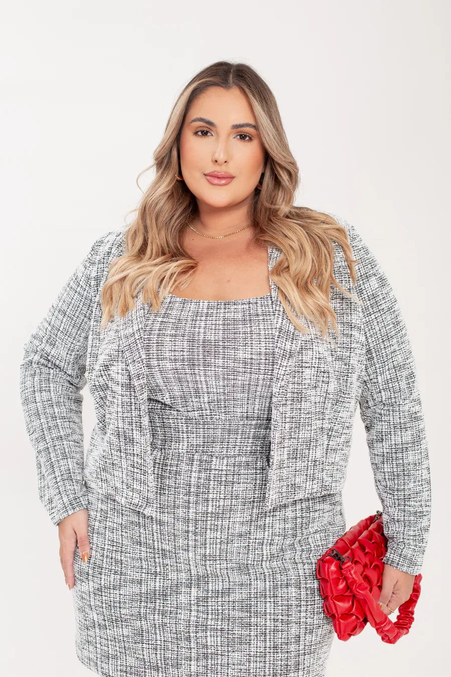 Blazer Plus Size Tweed Stella Cinza