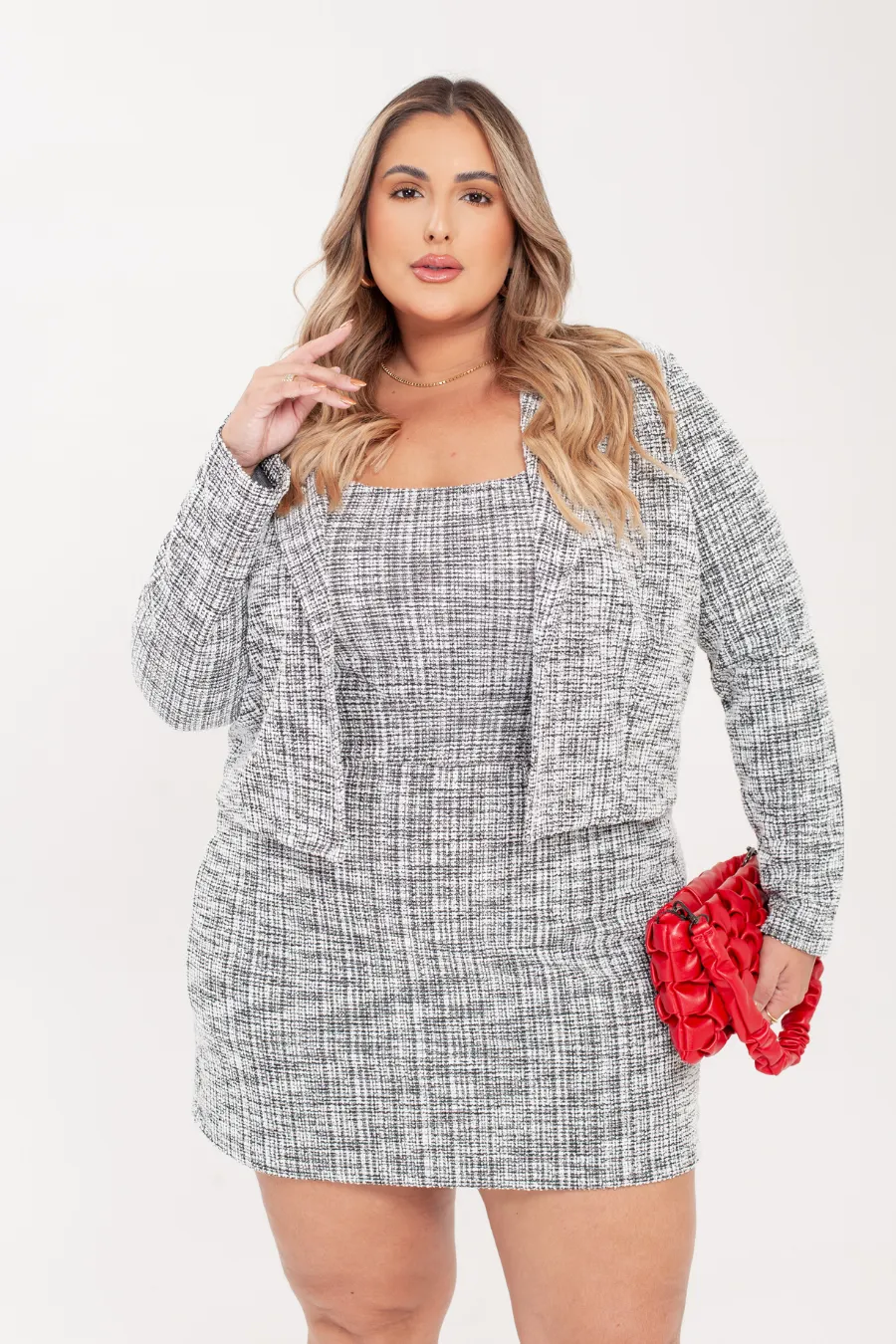 Blazer Plus Size Tweed Stella Cinza