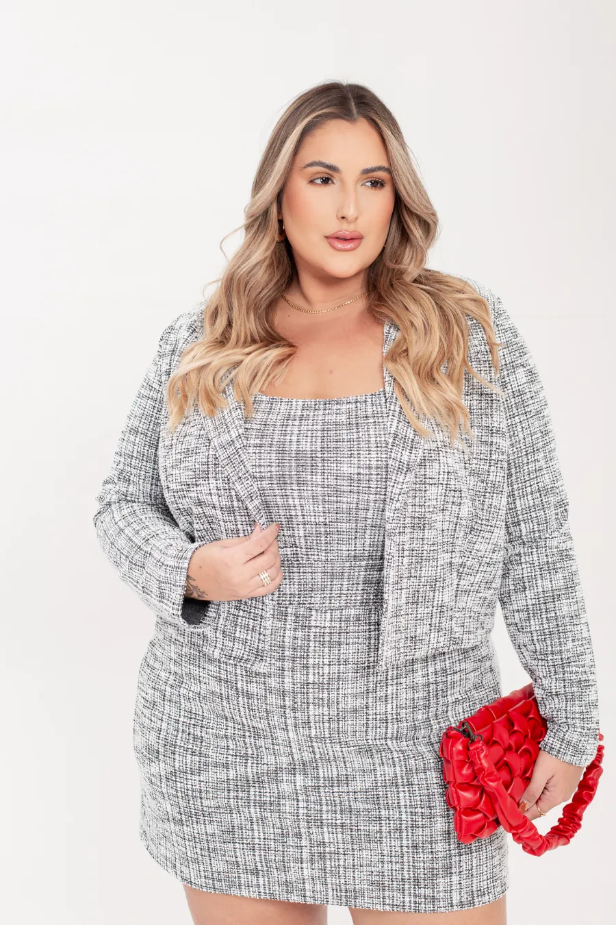 Blazer Plus Size Tweed Stella Cinza