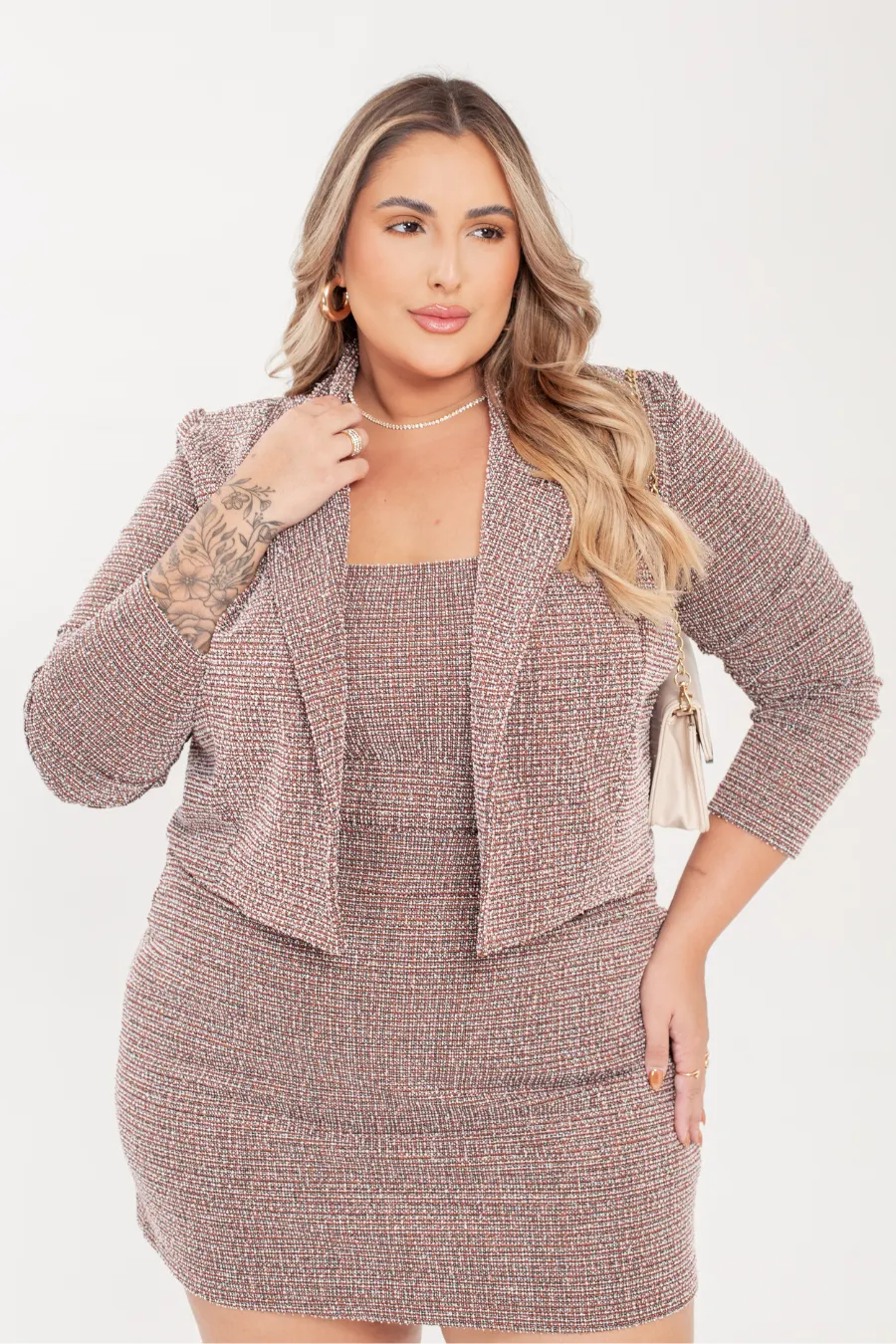 Blazer Plus Size Tweed Stella Marrom