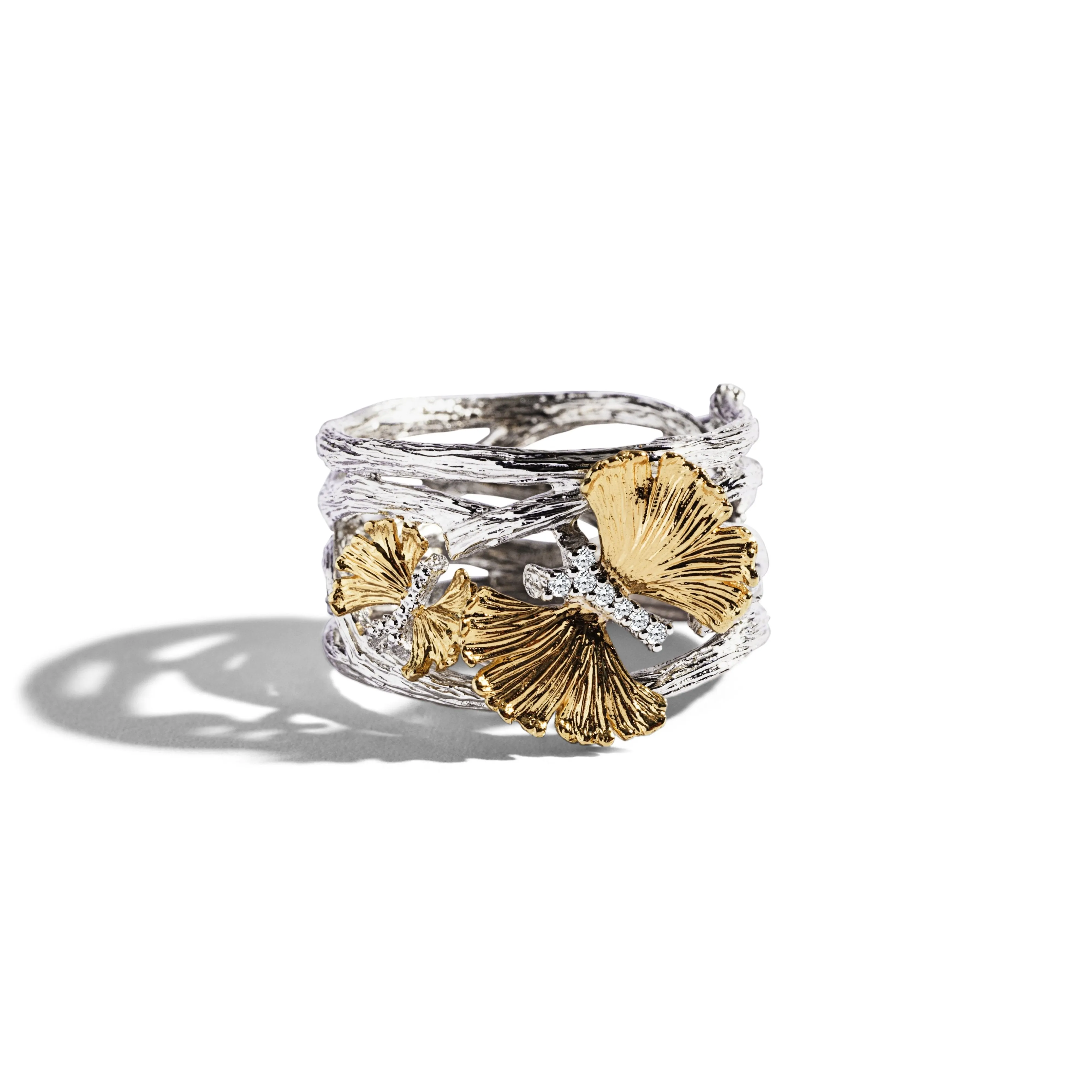 Butterfly Ginkgo Cuff Ring with Diamonds