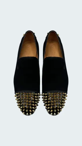 Men's Black Suede Loafers with Bold Gold Spiked Embellishments by Vercini