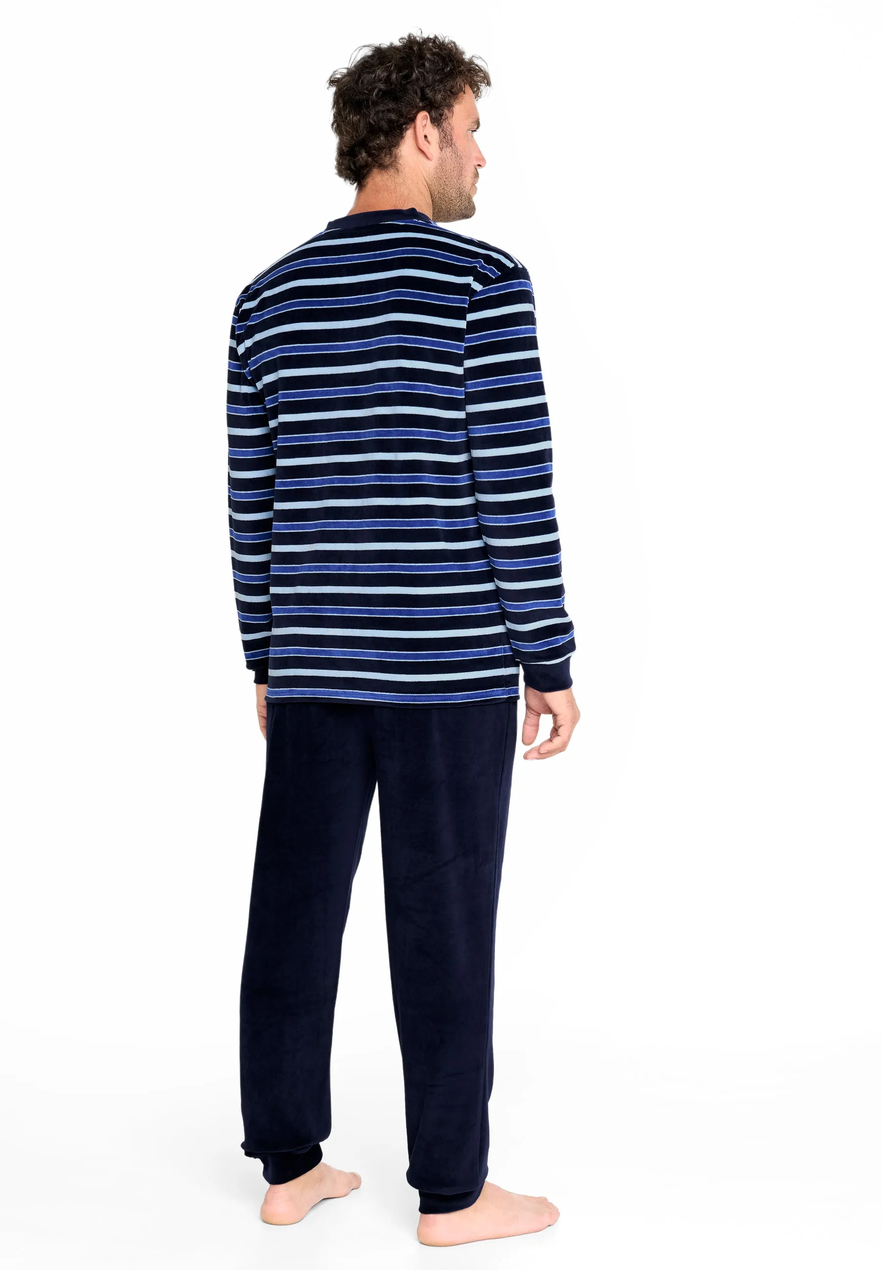 Pijama Hombre Invierno Largo Terciopelo Rayas - Azul 5726_30