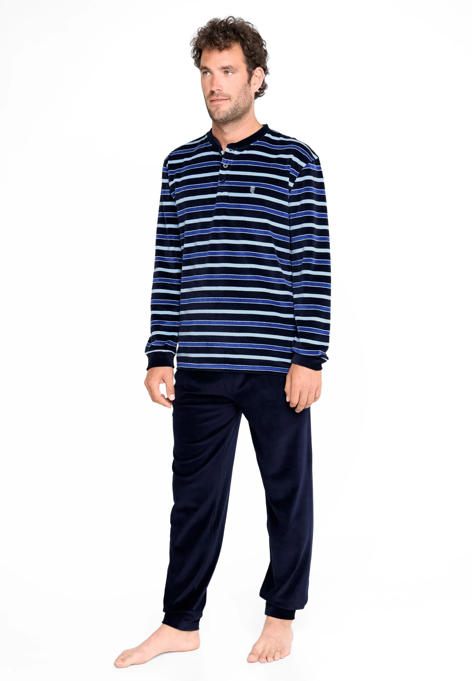 Pijama Hombre Invierno Largo Terciopelo Rayas - Azul 5726_30