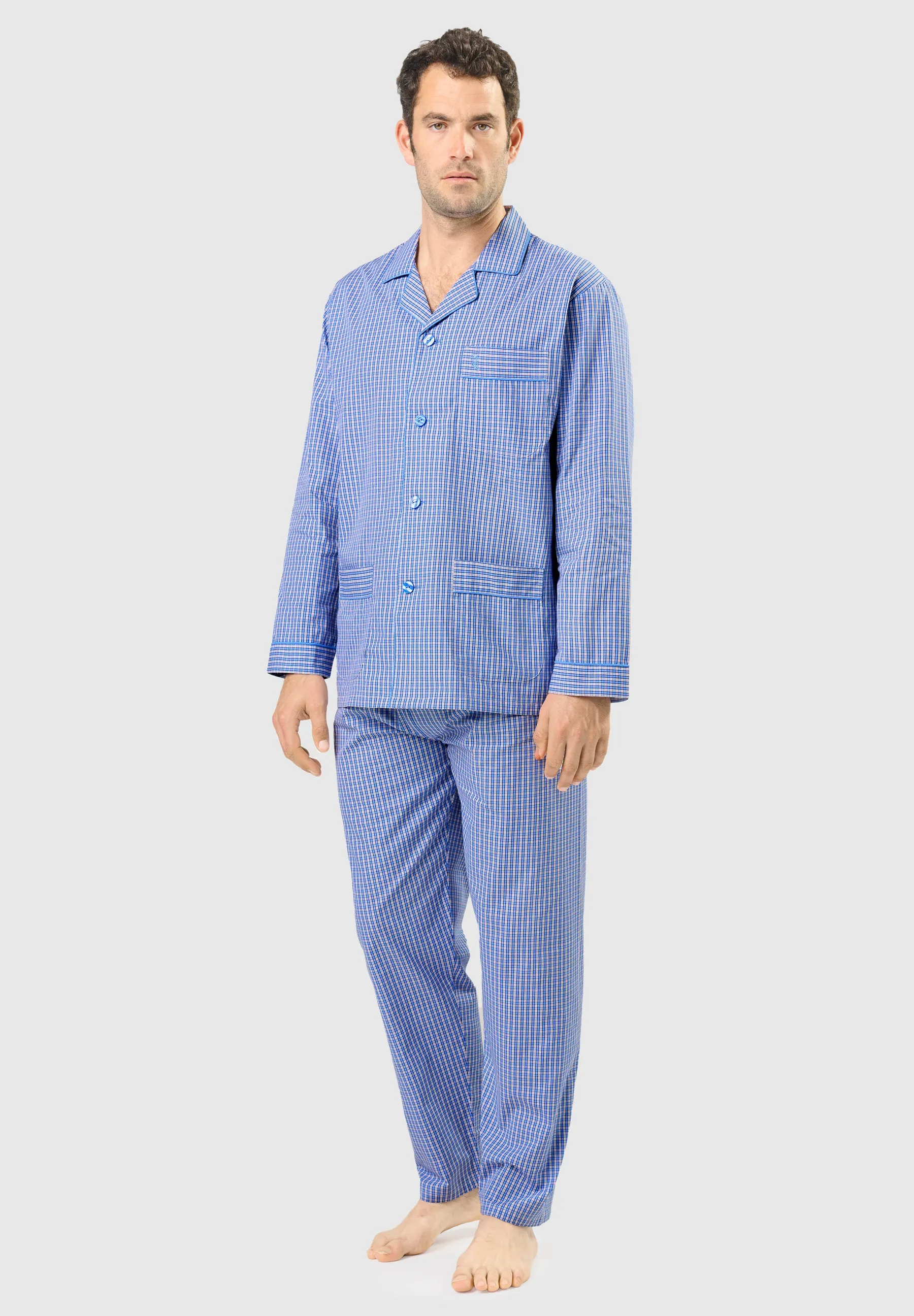 Pijama Hombre Largo Solapa Popelín Cuadros - Azul 1535_30